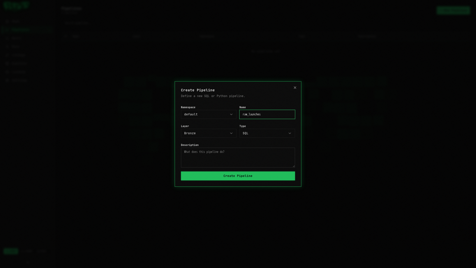 Create Pipeline Dialog