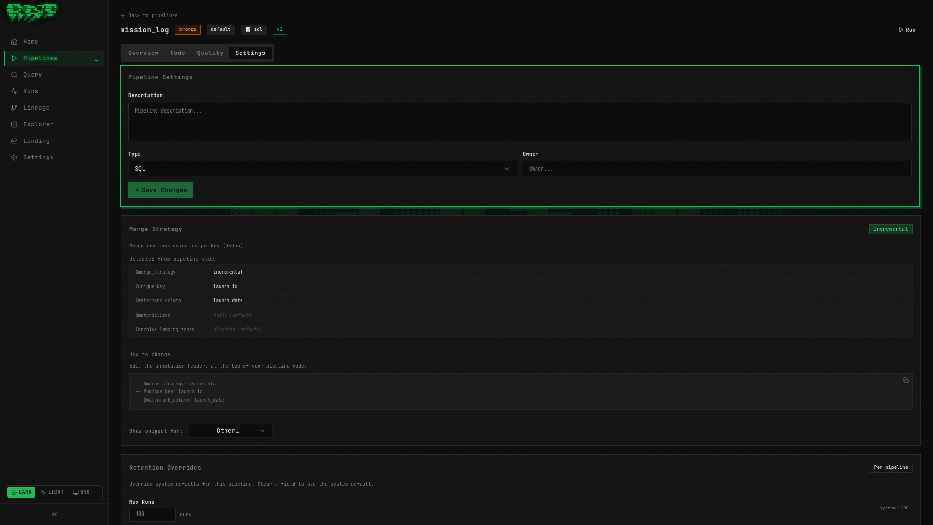 Merge strategy settings in the Settings tab