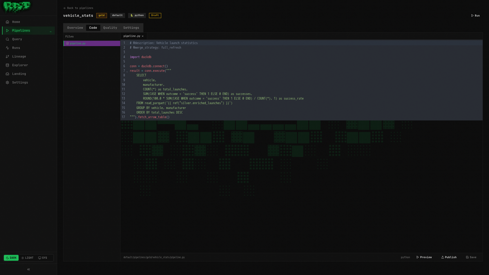 Python pipeline code in the editor