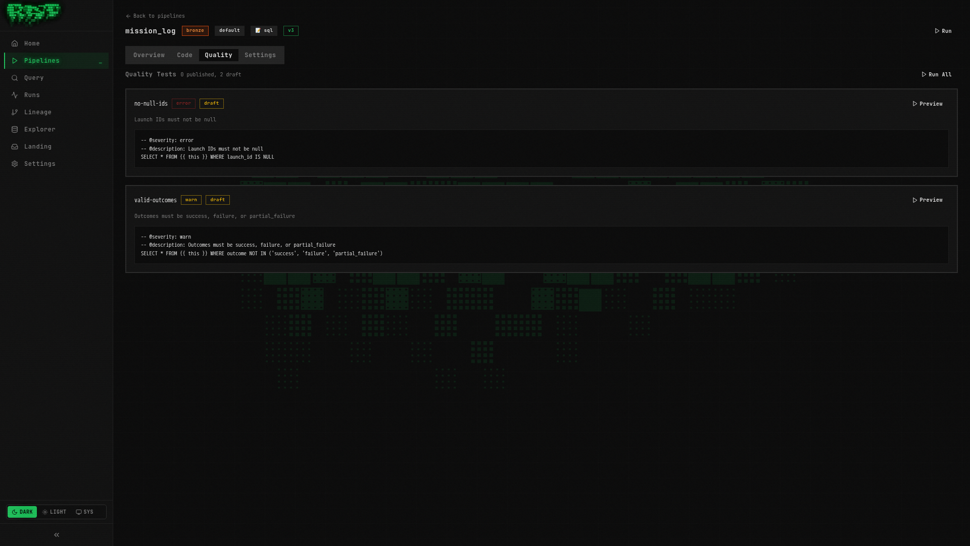 Quality tests tab on the pipeline detail page