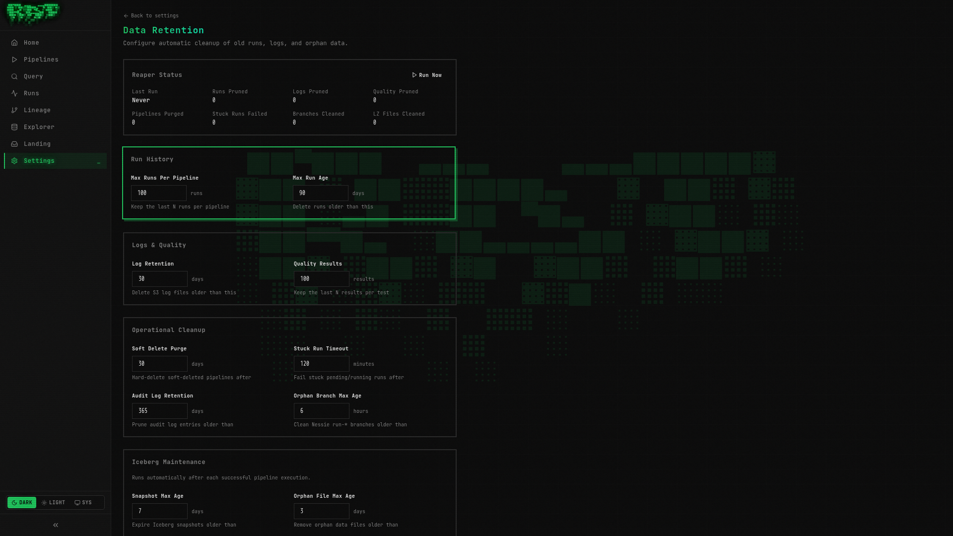 Retention settings in the Settings page