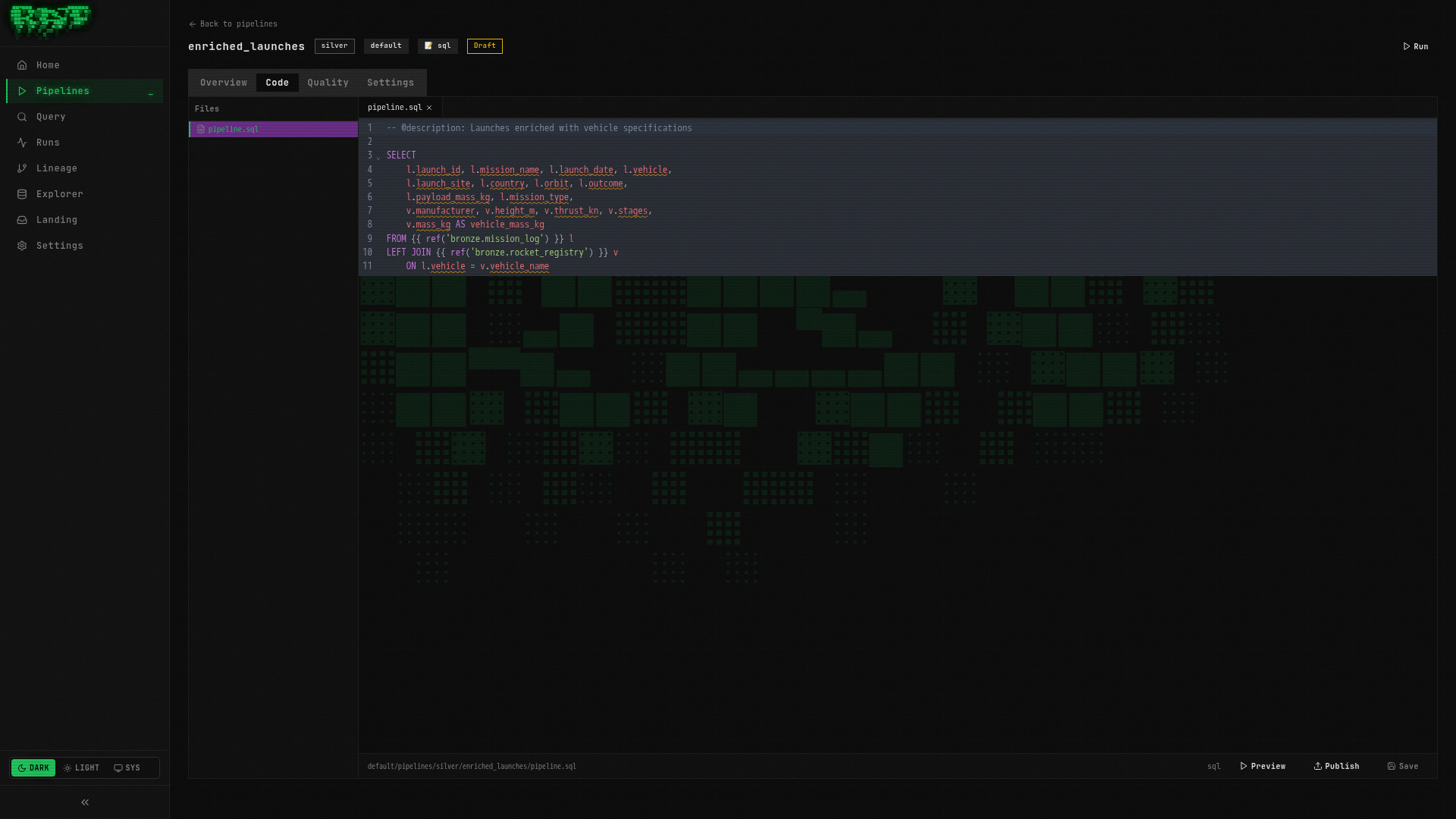 Silver pipeline code in the editor