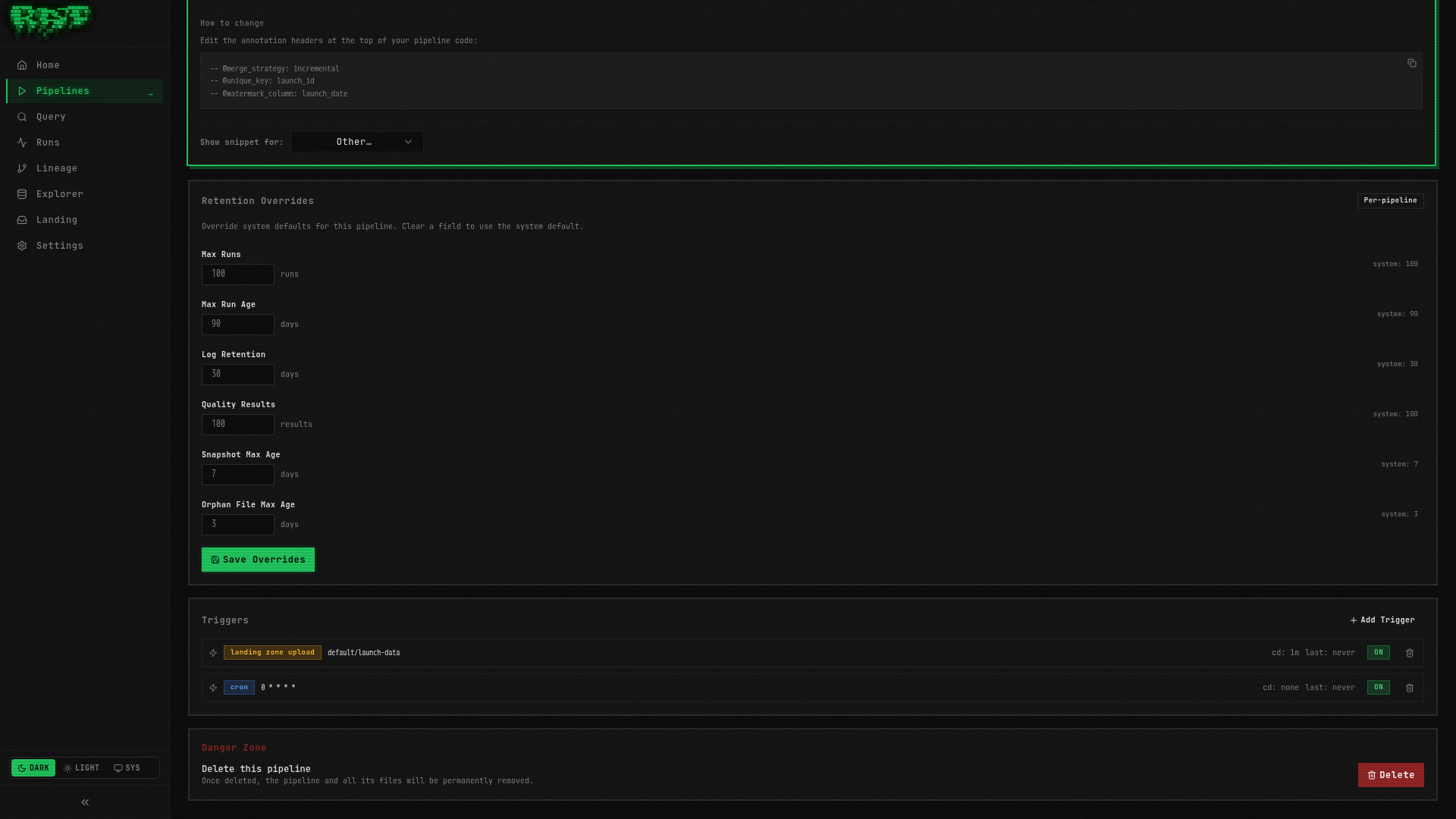 Triggers section in pipeline settings