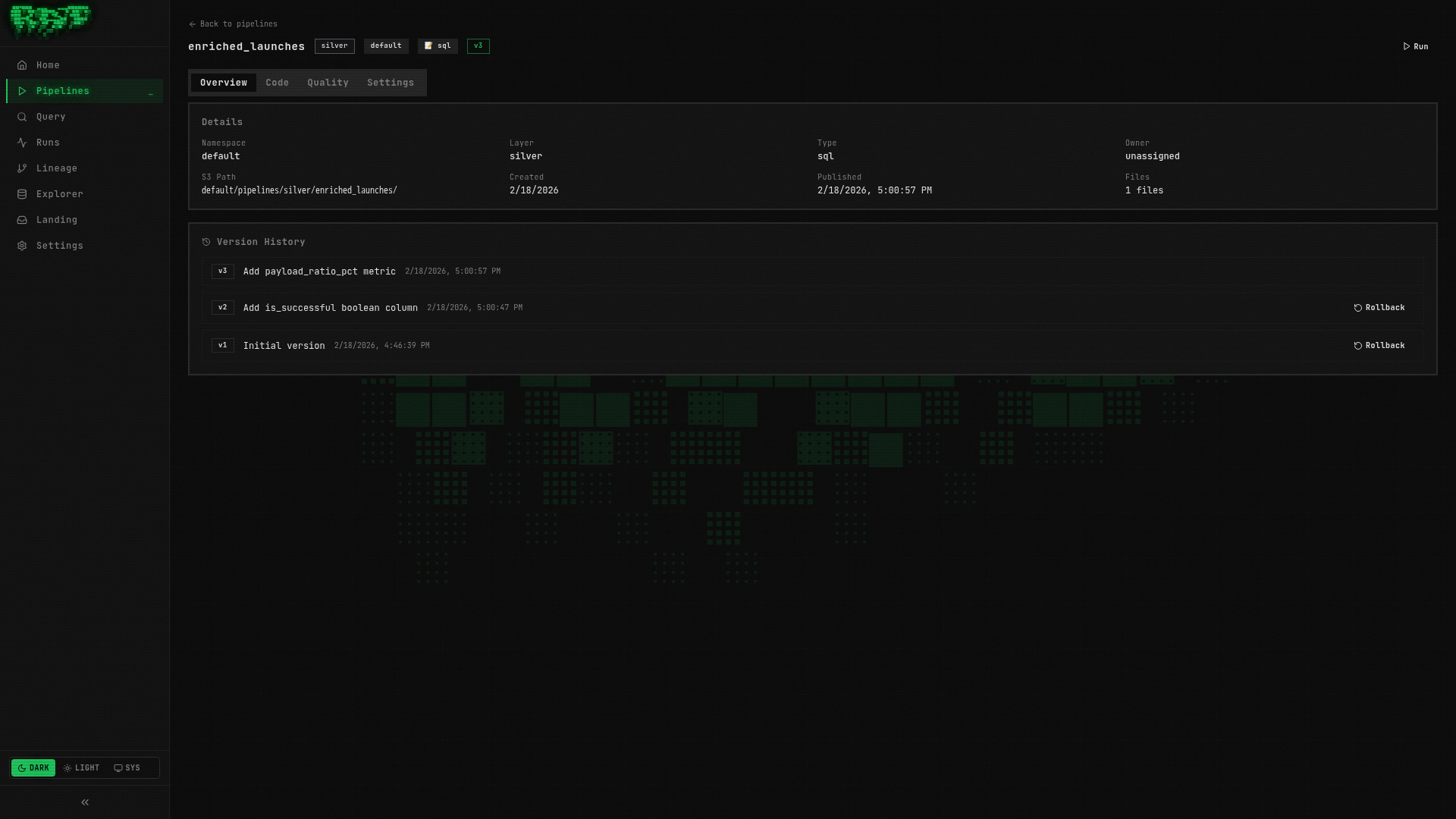 Version history in pipeline Overview tab